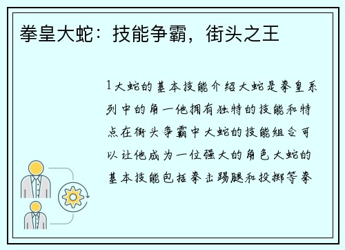 拳皇大蛇：技能争霸，街头之王